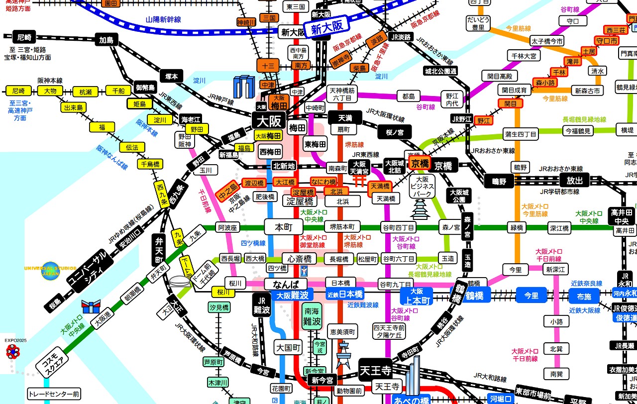 大阪市内・電車路線図 2023】地下鉄・JR・私鉄の位置関係を考慮した