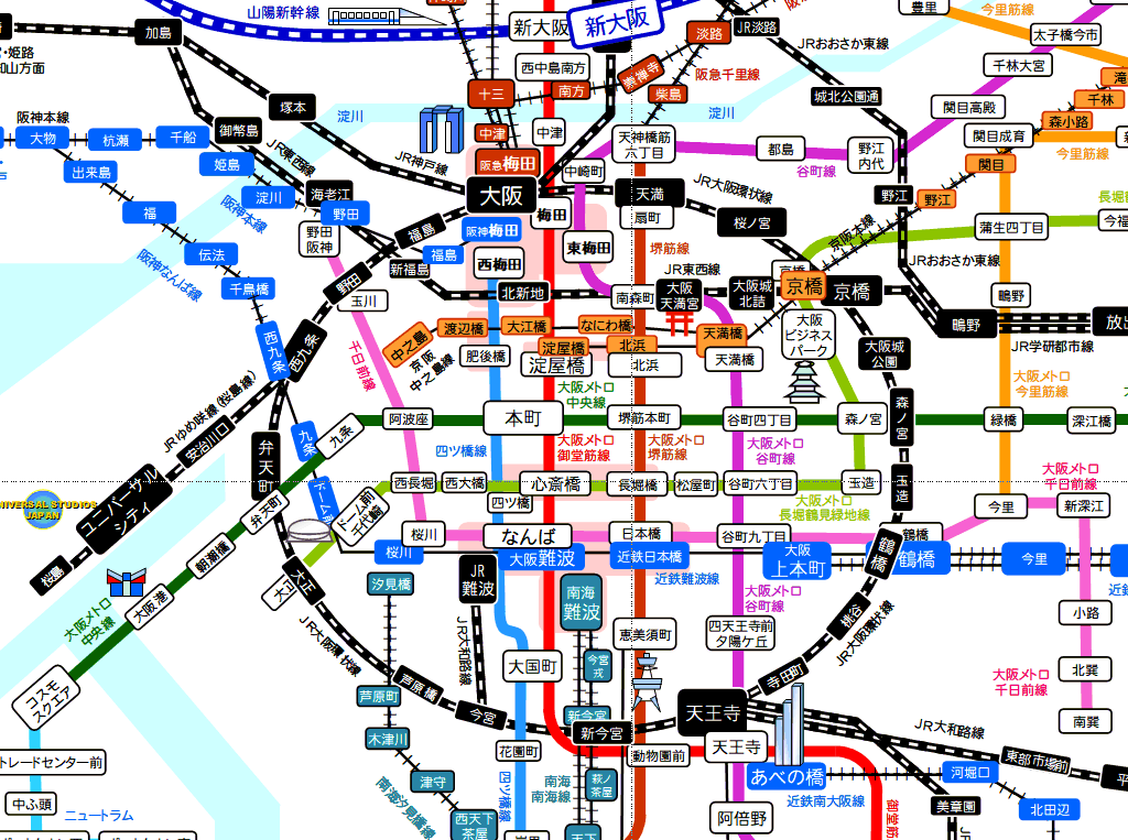 大阪市内 電車路線図 地下鉄 Jr 私鉄の位置関係を考慮した鉄道路線図 おまけ 地下鉄乗り換え情報 おおさか東線追加